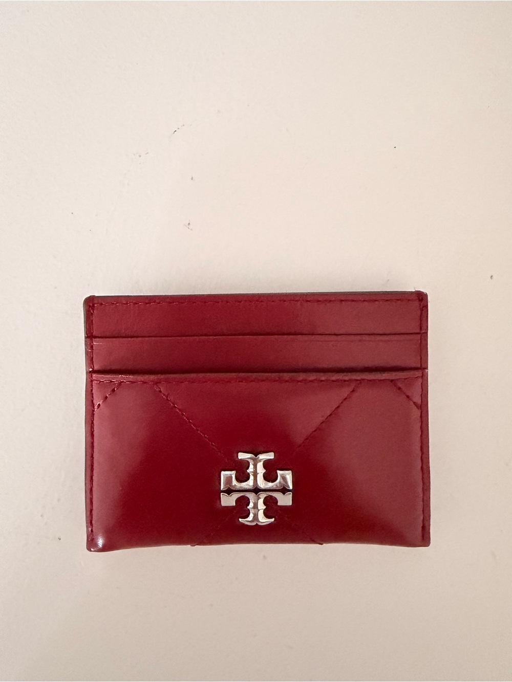 Tory Burch Burgundy Leather Card Holder with Silver Logo